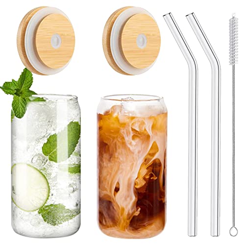 WISIMMALL Trinkgläser mit Bambusdeckel und Glasstrohhalm, 2-teiliges Set, 473 ml, dosenförmige Glasbecher mit Deckel und Strohhalmen, Biergläser, Eiskaffeegläser, Limonade, Geschenk, 1 von WISIMMALL