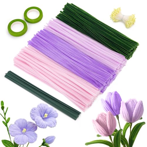 WISYOK Pfeifenputzer Zum Basteln, 400 Stück Pfeifenreiniger Blumen Set mit Blumen Staubblatt, Blumenstiele, Blumenband, Pastell Pipe Cleaner Flowers für Erwachsene und Kinder DIY (Lila) von WISYOK