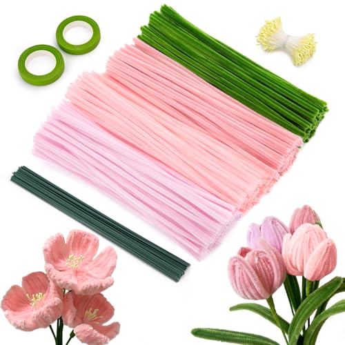 WISYOK Pfeifenputzer Zum Basteln, 400 Stück Pfeifenreiniger Blumen Set mit Blumen Staubblatt, Blumenstiele, Blumenband, Pastell Pipe Cleaner Flowers für Erwachsene und Kinder DIY (Rosa) von WISYOK