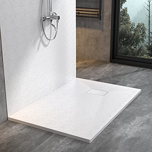 WITEN&NOCK Duschwanne 90x80 cm SMC Brausewanne Weiß Steinoptik Antirutsch Duschtasse Höhe 3,2 cm Niedrige Schwelle Extraflach Brausetasse von WITEN&NOCK