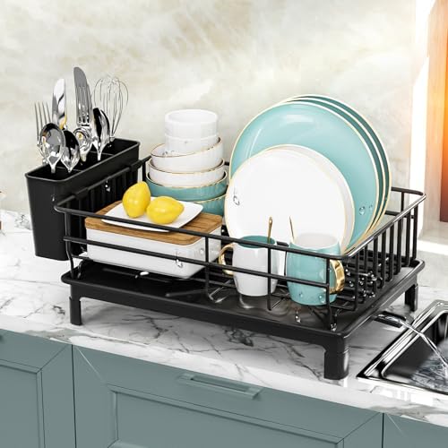 WITFAMILY Abtropfgestell Geschirr Platzsparender Abtropfständer mit Besteck Halterung Dish Drainer mit Abtropfschale Metall Geschirrkorb für Spüle Abtropfgestell mit Utensilienhalter (Schwarz) von WITFAMILY
