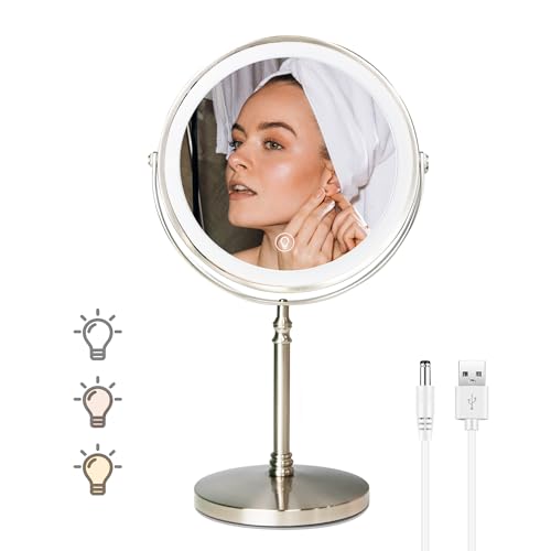 WITFAMILY Cosmetic Mirror Illuminated with 1X/10X Magnification and 3 Adjustable Light Colours, Dimmable Brightnesses, USB Charging, Double-Sided Makeup Mirror for Bathroom (Nickel) von WITFAMILY