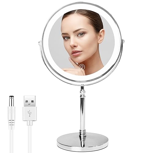 WITFAMILY Kosmetikspiegel Beleuchtet mit 1X/10X Vergrößerung und 3 Einstellbaren Lichtfarben， Dimmbaren Helligkeiten, USB Aufladen Doppelseitiger Makeup Schminkspiegel für Badezimmer (Silber von WITFAMILY