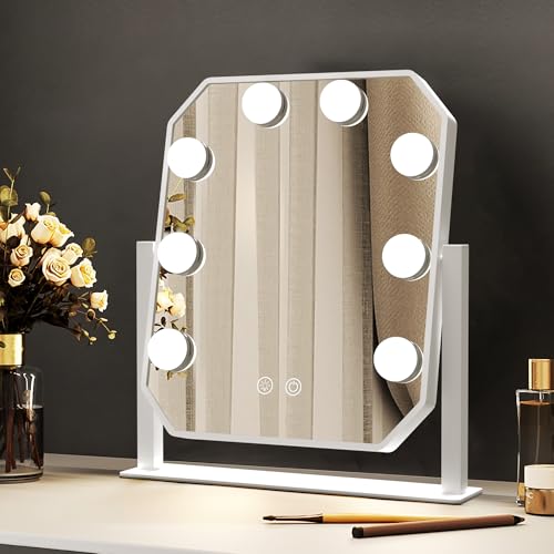WITFAMILY Kosmetikspiegel mit LED-Glühbirne, Hollywood-Beleuchtungsspiegel, 360° drehbar, 3 farbige Beleuchtungsmodi, verstellbare Lupe, Diamant der neuen Generation (weiß) von WITFAMILY