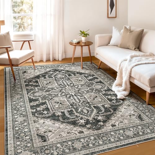 WITSHOCK Teppich Wohnzimmer 180x270 cm: Waschbarer Boho Teppich, rutschfest, Kurzflor, Vintage Schlafzimmer, Küche Flur Esszimmer für Kinder & Haustiere Geeignet-Schwarz von WITSHOCK