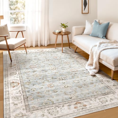 WITSHOCK Teppiche Wohnzimmer 180x270 cm: Vintage Boho Teppiche Schlafzimmer - Waschbarer Kurzflor-Teppich mit Rutschfester Unterseite für Esszimmer & Spielteppich inder (Hellblau) von WITSHOCK