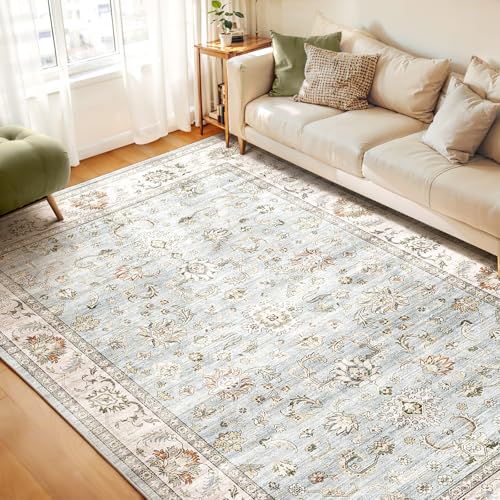 WITSHOCK Teppiche Wohnzimmer 244x305 cm: Vintage Boho Teppiche Schlafzimmer - Waschbarer Kurzflor-Teppich mit Rutschfester Unterseite für Esszimmer & Spielteppich inder (Hellblau) von WITSHOCK