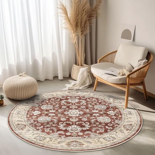 WITSHOCK Waschbarer Teppich Rund 120 cm: Vintage Boho Teppiche Schlafzimmer - Waschbarer Kurzflor-Runder Teppich mit Rutschfester Unterseite für Esszimmer & Sund Kinderzimmer (Rot) von WITSHOCK