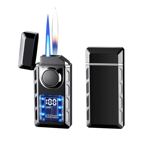 Intelligentes Feuerzeug mit Zwei Flammen, Winddichtes Butan-Fackelfeuerzeug, Umschaltbare, Winddichte Jet-Flamme, Nachfüllbare Butan-Feuerzeuge for Outdoor-Wandercamping(Black) von WIUYEH