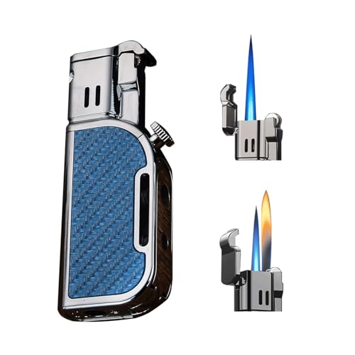 Winddichtes Feuerzeug mit Doppelflamme, Butan-Fackelfeuerzeug, umschaltbare weiche Flamme, Feuerzeuge mit gerader Flamme, einstellbar mit Luftfenster, for Kerzencamping im Freien(Blue) von WIUYEH