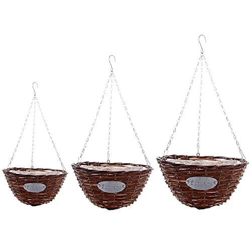 WIVAYE Set von 3 Rattan-Hängekörben für Pflanzen, 20cm, 25cm, 30cm, runde Hängekörbe mit Kunststoffauskleidung, natürliches Weidengeflecht, Hängeblumentopf, Aufbewahrungskorb von WIVAYE