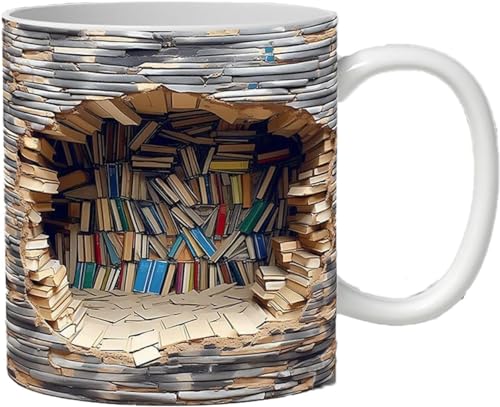 3D-Bücherregal-Tasse, 3D-Effekt-Büchertasse, 11-Unzen-Bibliotheksregal-Tasse, mit Büchern bedruckte Keramiktasse, kreative Bibliotheks-Bücherregal-Tasse für Buchliebhaber (B) von WIWIDANG