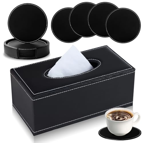 Kosmetiktücher Box aus PU Leder: WIYETY Taschentuchbox Tücherbox mit 5 Untersetzern, Rechteckige Leder Kosmetiktücherbox für Zuhause Büro Auto 24 * 12 * 9.5cm (Schwarz) von WIYETY