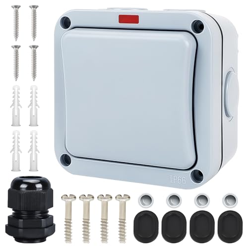 WIYETY 16A Universalschalter Wetterfester Schalter: IP66 Wasserdichter Schalter mit Staub, Unabhängigem Schalter Und Kontrollleuchte Lichtschalter, Aussen Switch, für Outdoor Garten Balkon von WIYETY