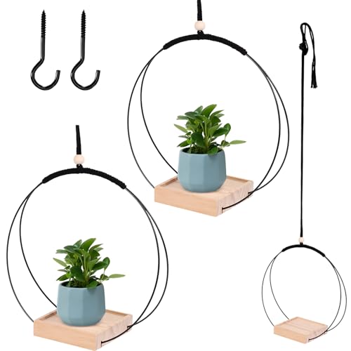 WIYETY 2 Stück Blumenampel Hängend Innen, Blumentopf Hängend mit Holzsockel, Hängende Blumentopf Regal mit Inklusive, Hängeampel Blumen, für Wände und Decken - Schwarz von WIYETY