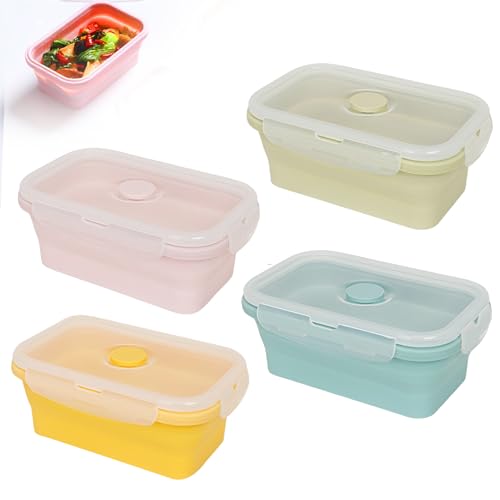 WIYETY Frischhaltedosen: 4 Stück Silikon Faltbare Brotdose, Platzsparend, Auslaufsicher, für Reisen (550ml, Rosa+Gelb+Mintgrün+Kieferngrün) von WIYETY