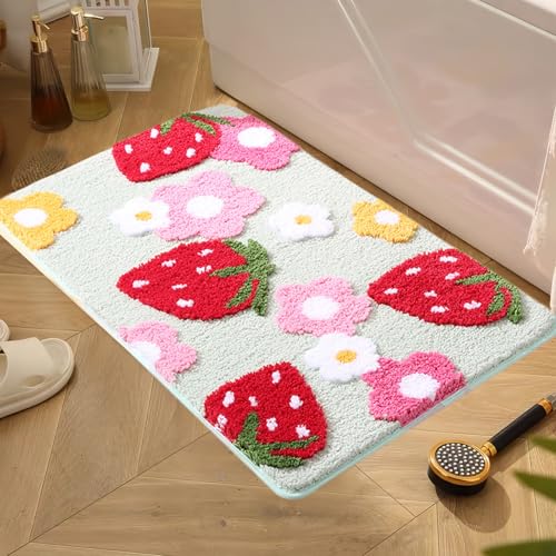WIYETY Badezimmerteppich Grün Erdbeer Badematte: rutschfest Badematte Weiche Mikrofaser, Wasserabsorbierend Badvorleger, für Dusche Badewanne Toilette (45 x 65 cm) von WIYETY