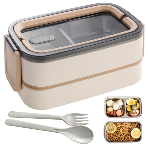 WIYETY Bento Lunchbox 2 Etagen mit Fächern: Lunchbox Erwachsene Premium Edelstahl, BPA-freie Brotdose mit Besteck ideal für unterwegs, Mikrowellengeeignet, Brotdose Meal Prep Bento Box für Erwachsene von WIYETY