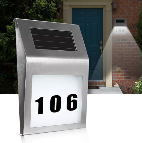WIYETY Edelstahl Hausnummer Solar Beleuchtete: Hausnummer Beleuchtet Solar mit 2 LED für außen Solar LED Edelstahl mit IP65 Wasserdicht Hausnummer Beleuchtet mit Nummern 0-9 & Buchstaben A-H von WIYETY