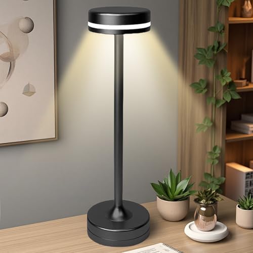 WIYETY LED Tischlampe Kabellos Akku: 2000mAh Wiederaufladbare Tischleuchte, USB Touch Tischlampen, Dimmbar LED Tischlampen, 3 Farbtemperatur, für Esstisch, Nachttischlampe, Schreibtisch (Schwarz) von WIYETY