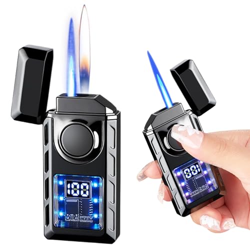 WIYETY Metall Smart Doppelflammenfeuerzeug, Feuerzeug mit Zwei Flammen aus Metall mit Sichtbarer Luftkammer, Aufblasbares Sturmfeuerzeug Winddichtes, Geeignet für Geschenk, Schwarz von WIYETY