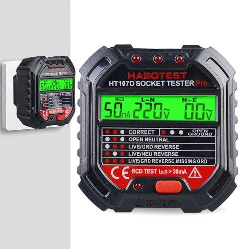 WIYETY Steckdosentester mit RCD-Prüfung und LCD-Voltage-Display, Socket Tester mit 6 Arten von Fehlerdiagnose, mit Kontrollleuchten-Anzeige, Leckspannungs-und Stromanzeige, HT107D von WIYETY