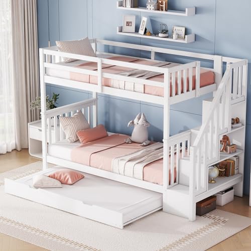 Etagenbett 90x200 mit Treppe und ausziehbarem Bett, Kinderbett mit Lattenrost fur 2 kinder, Ausziehbett Hochbett Stockbett, Spielbett, Multifunktional, ohne matratze (weiß mit Ausziehbett, 90x200) von WIZBED