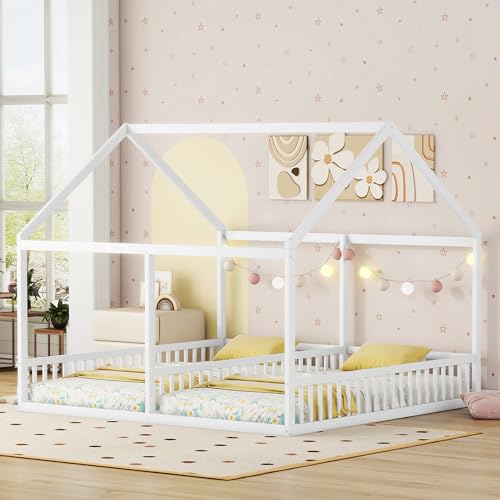 Hausbett 90x200 mit Rausfallschutz für 2 Kinder, Kiefernholz Kinderbett für Jungen & Mädchen, Kinder Bett Bodenbett, Einzelbetten, ohne Matratze Weiß Hausbett 90x200 mit Rausfallschutz für 2 Kinder, Kiefernholz Kinderbett für Jungen & Mädchen, Kinder Bett Bodenbett, Einzelbetten, ohne Matratze Weiß von WIZBED