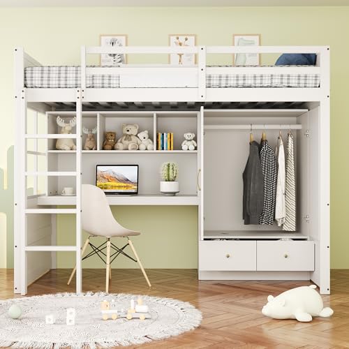 Hochbett 90 x 200 mit Leiter, Schreibtisch, Kleiderschrank und Schubladen, Kinderbett Holzbett mit Lattenrost, Jugendbett, Einzelbett, Weiß von WIZBED