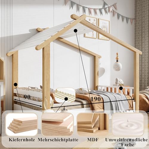 Kinderbett 90x190 mit Stabile Lattenroste, Hausbett Holzbett, Einzelbett mit Dach, Kiefer + Spanplatte +MDF, Weiß+Natur. ohne Matratze Kinderbett 90x190 mit Stabile Lattenroste, Hausbett Holzbett, Einzelbett mit Dach, Kiefer + Spanplatte +MDF, Weiß+Natur. ohne Matratze von WIZBED