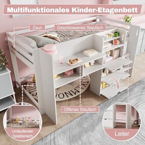 Kinderbett 90x200 cm, Funktionsbett mit Stauraum, Holzbett mit Lattenrost, Jugendbett mit Leiter und Rausfallschutz - Kiefernholz, ohne Matratze, weiß von WIZBED