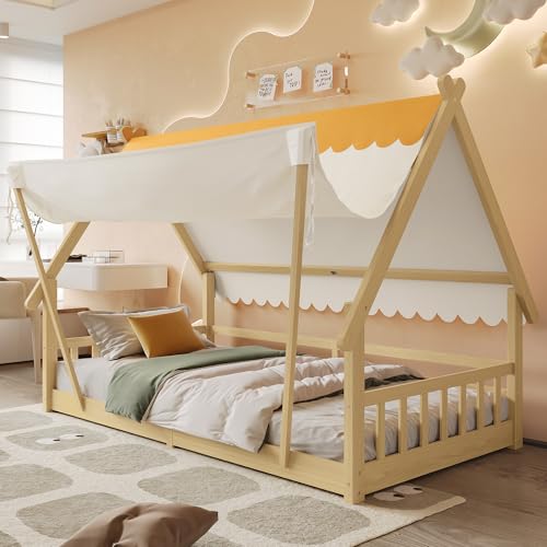 Kinderbett Einzelbett 90x200 mit abnehmbar Zelt, Stabile Lattenroste, Hausbett Holzbett mit Sicherheitsgeländer, Kiefer + Sperrholz, Natur, ohne Matratze Kinderbett Einzelbett 90x200 mit abnehmbar Zelt, Stabile Lattenroste, Hausbett Holzbett mit Sicherheitsgeländer, Kiefer + Sperrholz, Natur, ohne Matratze von WIZBED