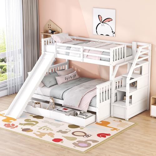 Kinderbett Etagenbett für 3 Kinder mit Rutsche & Treppe, Hochbett 90x200 und 140x200 mit Schubladen, Stockbett, Jugendbett, Stauraumbett, ohne Matratze (Weiß, 90x200+140x200) von WIZBED