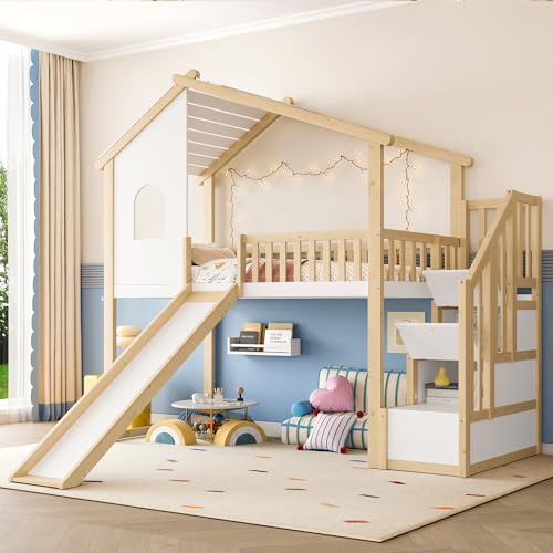 Kinderbett Hochbett 90x200 mit Rutsche und Treppe, Baumhausbett Holzbett mit Fenster, Hausbett Bett mit Rausfallschutz und Lattenrost, Natur+ Weiß, Ohne Matratze Kinderbett Hochbett 90x200 mit Rutsche und Treppe, Baumhausbett Holzbett mit Fenster, Hausbett Bett mit Rausfallschutz und Lattenrost, Natur+ Weiß, Ohne Matratze von WIZBED