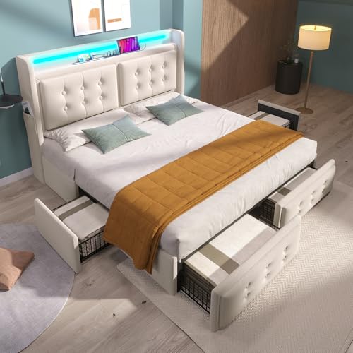 Polsterbett Doppelbett 160x200, LED Stauraumbett mit 4 Schubladen&USB C Ladefunktion&Staufach Rückenlehne, Funktionsbett Jugendbett Bettgestell mit Holz Lattenrost, Baumwolle, Ohne Matratze, Beige von WIZBED