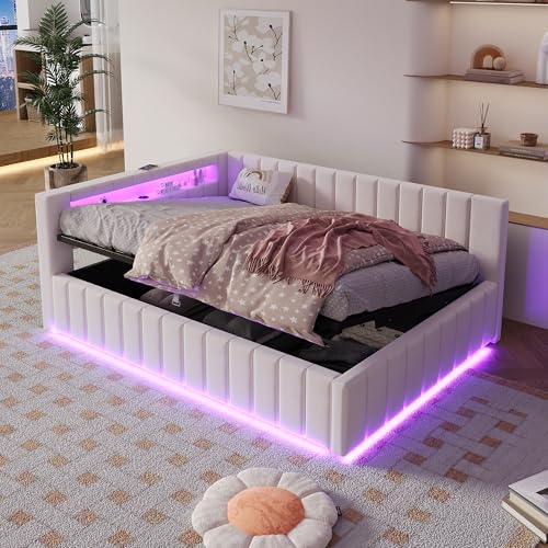 Polsterbett Schlafsofa 140x200, Doppelbett mit Hydraulischem Stauraum, mit LED und USB-Ladefunktion, Tagesbett Bett mit Lattenrost, Samtstoff von WIZBED