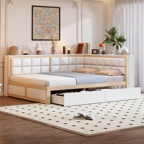 Schlafsofa 140x200 mit 2 Schubladen, Kiefer Tagesbett Holzbett Einzelbett Kinderbett Stauraumbett Bettgestell mit Lattenrost & Rückenlehne, ohne Matratze, Holzfarbe von WIZBED