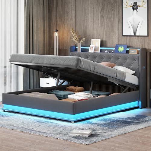 WIZBED Bett 160x200 mit L-E-D und USB, Polsterbett mit Stauraum, Hydraulischer Doppelbett mit Lattenrost und Bettkasten, Jugendbett Stauraumbett Leinenstoff Bettgestell,Grau,ohne Matratze von WIZBED