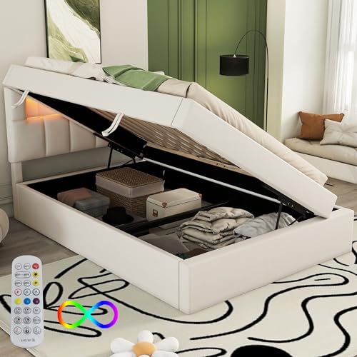 WIZBED Boxspringbett 90x200 mit Bettkasten, L-E-D Kopfteil und Lattenrost Einzelbett Polsterbett mit Stauraum, Stauraumbett Funktionsbett,BBeige Ohne Matratze von WIZBED