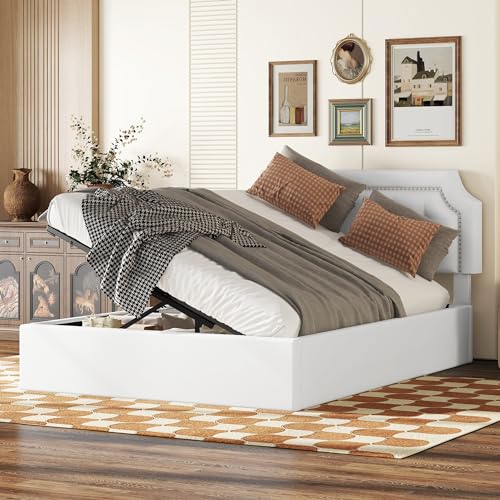 WIZBED Boxspringbett mit Bettkästen, 140 x 200, hydraulisches Polsterbett Doppelbett Bett mit Großer Stauraum und Kopfteil, Stauraumbett, Bettgestell, Stilvoll, Kunstleder, ohne Matratze weiß von WIZBED