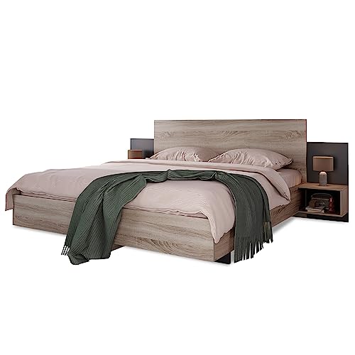 WIZBED Doppelbett Bettanlage mit 2 Nachtkommoden, 160 x 200 cm - Holzbett Schlafzimmer Komplett-Set in Eiche Sonoma/Dunkelgrau Modernes Bett- 205.5x235x76.5 cm(T/B/H) von WIZBED