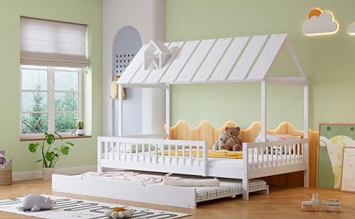 Hausbett 120x200 mit Rausfallschutz - Kinderbett mit Ausziehbett- Jugendbett mit Lattenrost - Gästebett Bett Massivholz Kiefer Bettgestell, Ohne Matratze von WIZBED