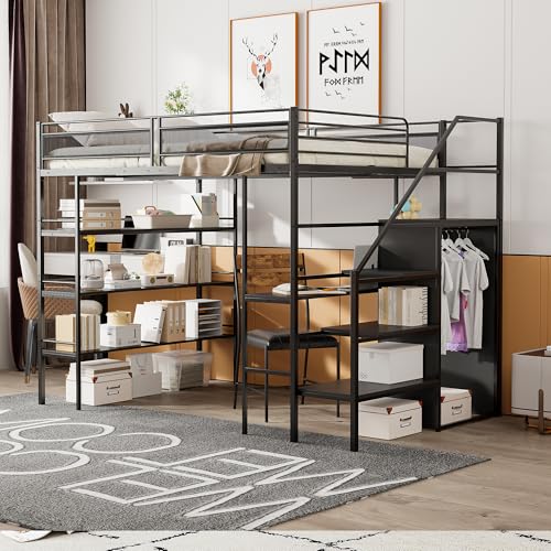 WIZBED Hochbett Metallbett 140x200cm mit Kleiderschrank & Schreibtisch & Treppe & 3 Regalen, Bettrahmen Etagenbett mit Lattenroste aus Metall, Jugendbett, ohne Matratze WIZBED Hochbett Metallbett 140x200cm mit Kleiderschrank & Schreibtisch & Treppe & 3 Regalen, Bettrahmen Etagenbett mit Lattenroste aus Metall, Jugendbett, ohne Matratze von WIZBED