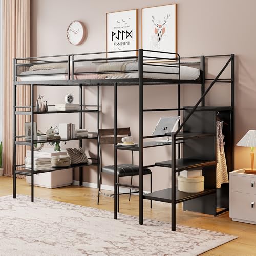 WIZBED Hochbett Metallbett 90x200cm mit Kleiderschrank & Schreibtisch & Treppe & 3 Regalen, Bettrahmen Etagenbett mit Lattenroste aus Metall, Jugendbett, ohne Matratze WIZBED Hochbett Metallbett 90x200cm mit Kleiderschrank & Schreibtisch & Treppe & 3 Regalen, Bettrahmen Etagenbett mit Lattenroste aus Metall, Jugendbett, ohne Matratze von WIZBED