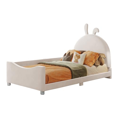 WIZBED Kinderbett Bett 90x200 mit Lattenrost Polsterbett Mädchen Einzelbett, Schlafsofa Bettgestell Teddystoff Bett mit Rückenlehne Jugendbett,ohne Matratze,Beige A von WIZBED