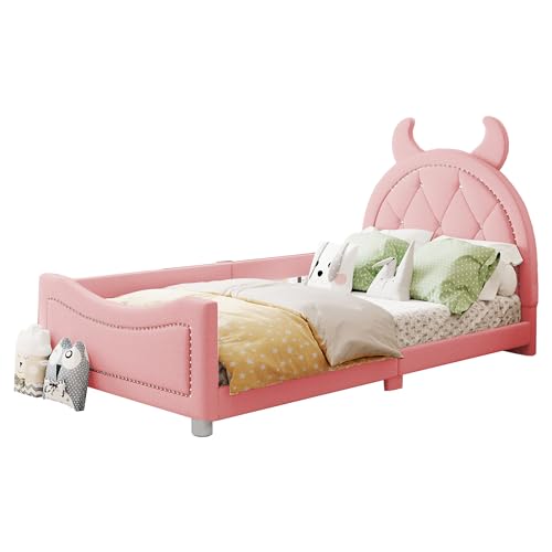 WIZBED Kinderbett Bett 90x200 mit Lattenrost Polsterbett Mädchen Einzelbett, Schlafsofa Bettgestell Teddystoff Bett mit Rückenlehne Jugendbett,ohne Matratze,Rosa C von WIZBED