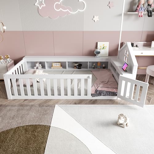 WIZBED Kinderbett Bodenbett 90 x 200 cm mit Staufächern und Fenster, Hausbett Einzelbett mit Sicherheitsgitter und Türchen, Weiß, ohne Matratze WIZBED Kinderbett Bodenbett 90 x 200 cm mit Staufächern und Fenster, Hausbett Einzelbett mit Sicherheitsgitter und Türchen, Weiß, ohne Matratze von WIZBED