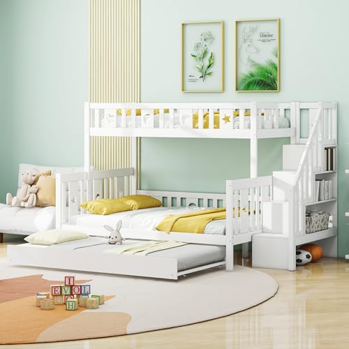 WIZBED Kinderbett Etagenbett 90×200+140×200 mit Treppe und Ausziehbarem Bett, Hochbett Doppelbett für 3 Kinder, Stauraumbett, Stockbett, Jugendbett, ohne Matratze von WIZBED