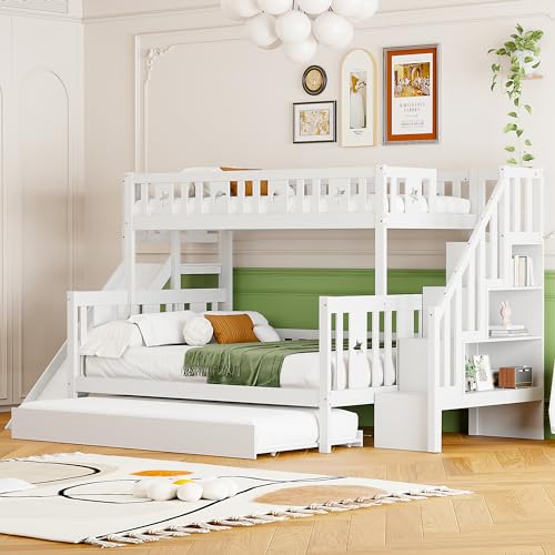 WIZBED Kinderbett Etagenbett 90×200+140×200 mit Treppe und Rutsche, Hochbett Doppelbett mit Ausziehbarem Bett für 3 Kinder, Stauraumbett, Stockbett, Jugendbett, ohne Matratze von WIZBED