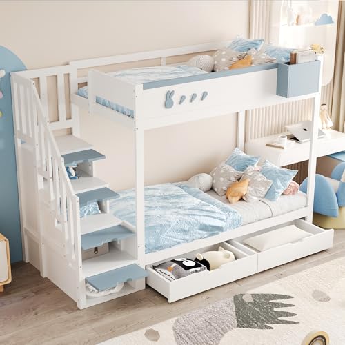 WIZBED Kinderbett Etagenbett 90x200 mit Stauraum Treppe und 2 Schubladen, Hochbett mit Abnehmbarem Ablagefach, Funktionsbett Stockbett Jugendbett, ohne Matratze von WIZBED